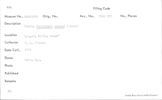 Documentation associated with Hearst Museum object titled Shell, accession number 1-148689, described as Goniobasis occata (Hinds).
