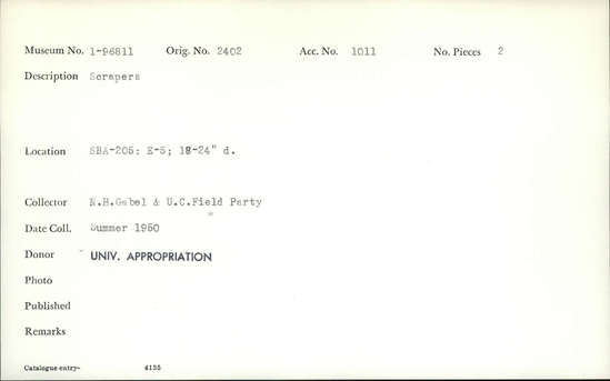 Documentation associated with Hearst Museum object titled Scrapers, accession number 1-96811, described as Scrapers.