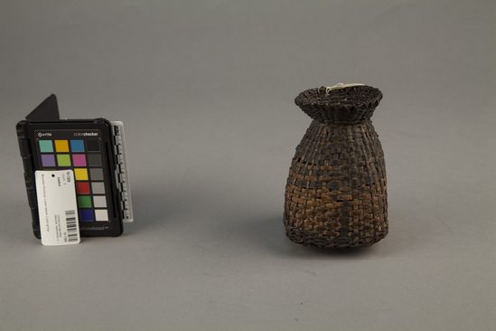 Hearst Museum object titled Basket, accession number 10-1309, described as Wicker basket; small flask-shaped; plain twining; 5.5 height