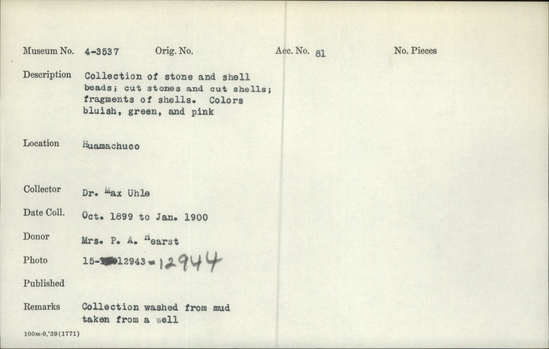 Documentation associated with Hearst Museum object titled Beads, accession number 4-3537, no description available.