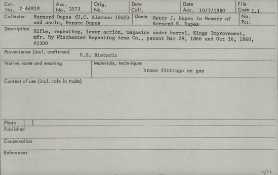 Documentation associated with Hearst Museum object titled Rifle, accession number 2-64919, described as Rifle, repeating, lever action, magazine under barrel, Kings Improvement, mfr. by Winchester Repeating Arms Co., patent Mar 29, 1866 and Oct 16, 1860, #2300