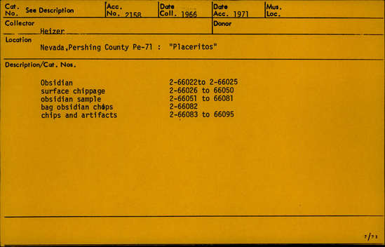 Documentation associated with Hearst Museum object titled Flake, accession number 2-66064, described as Obsidian objects.