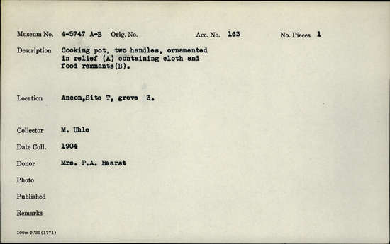 Documentation associated with Hearst Museum object titled Pot with handles, relief, contents, accession number 4-5747a, no description available.