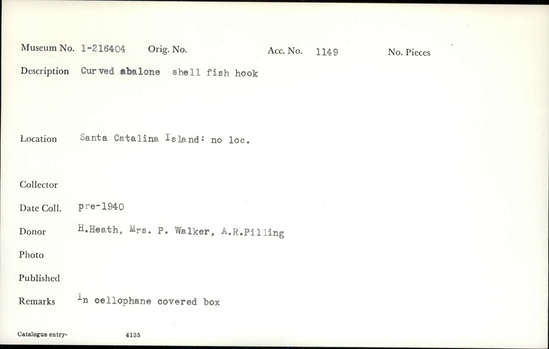 Documentation associated with Hearst Museum object titled Fishhook, accession number 1-216404, described as Curved abalone shell fish hook.  In cellophane covered box.