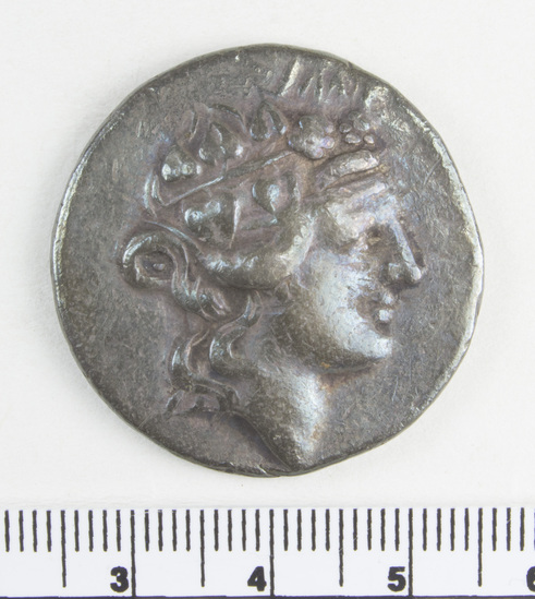 Hearst Museum object 4 of 6 titled Coin: ar tetradrachm, accession number 8-7576, described as Coin: Tetradrachma, Silver, size: 31 mm., weight: 16.84 g., condition: Ex. Obverse: Head of Dionysos wreathed with wine leaves. Reverse: Standing Herakles (Farnese type) with lion’s skin and club. Inscription: HΡΑΚΛEΟΥΣ ΣΩΤHΡΟΣ ΘΑΙΩΝ. Herakles Soteros (Savior), in exerge: Thasos (Thrace).