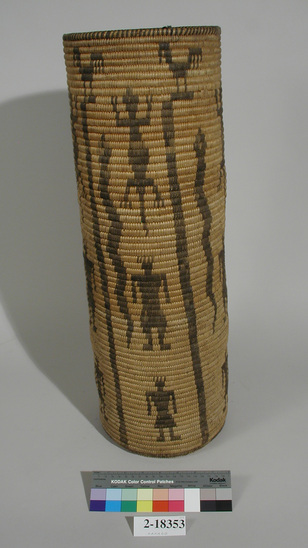 Hearst Museum object titled Basket, accession number 2-18353, described as Coiled, tall cylindrical shape with flat bottom; decorated with 5 vertical panels, 2 anthropomorphic figures, 1 lizard, 1 snake, and 1 bird in each.  Bundle foundation, sewing elements of willow (Salix gooddingii) and Martynia.