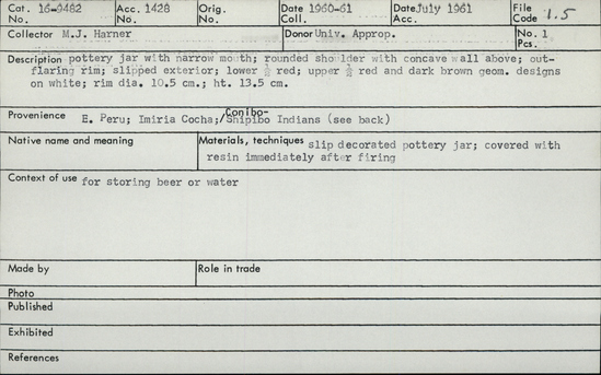 Documentation associated with Hearst Museum object titled Storage jar, accession number 16-9482, described as Pottery Jar for storing water or Beer