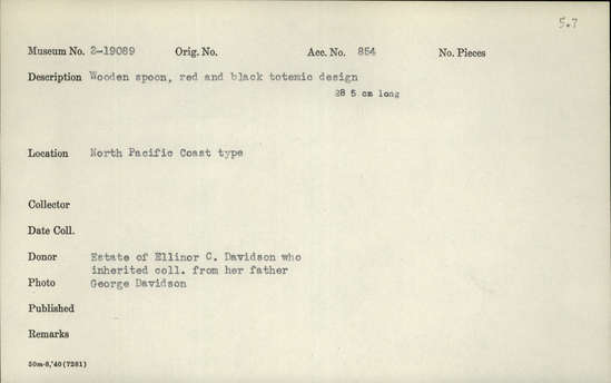 Documentation associated with Hearst Museum object titled Spoon, accession number 2-19089, described as Wooden. Red and black totemic design.