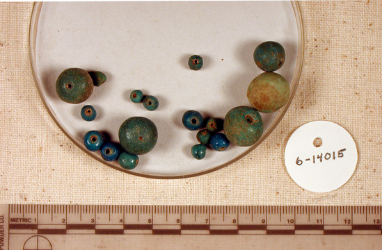 Hearst Museum object titled Beads, accession number 6-14015, described as Blue spherical (ball) beads.