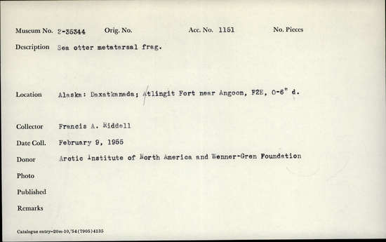 Documentation associated with Hearst Museum object titled Mammal bone, accession number 2-35344, described as Sea otter metatarsal; fragment