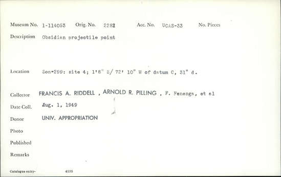 Documentation associated with Hearst Museum object titled Projectile point, accession number 1-114053, described as Obsidian projectile point.