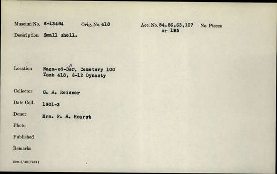 Documentation associated with Hearst Museum object titled Shell fragment, accession number 6-13484, described as Small [inv.: half of bi-valve shell]