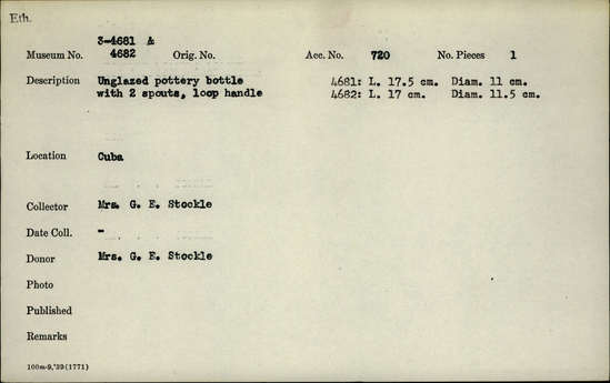 Documentation associated with Hearst Museum object titled Two spouted vessel, accession number 3-4682, described as Unglazed pottery bottle with two spouts, loop handle