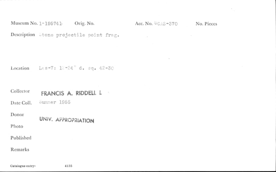 Documentation associated with Hearst Museum object titled Projectile point fragment, accession number 1-195741, described as Stone projectile point, fragment