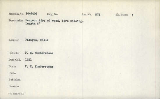 Documentation associated with Hearst Museum object titled Harpoon, accession number 16-2406, described as Harpoon tip