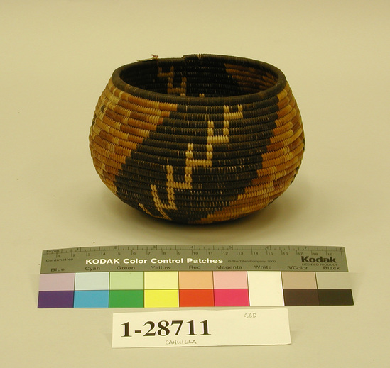 Hearst Museum object titled Bowl basket, accession number 1-28711, described as Coiled bowl, incurved rim, black and brown design.