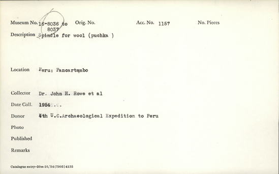 Documentation associated with Hearst Museum object titled Spindle (textile working equipment), accession number 16-8036, described as Puchka spindle for wool