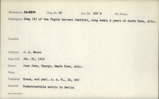 Documentation associated with Hearst Museum object titled Wax cylinder recording, accession number 14-2200.1, described as Song of the Vigita Harvest Festival #8.