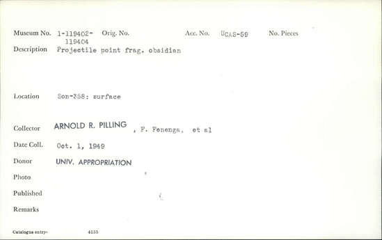 Documentation associated with Hearst Museum object titled Projectile point fragment, accession number 1-119404, described as Obsidian projectile point fragment.