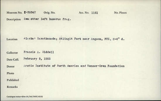 Documentation associated with Hearst Museum object titled Mammal bone, accession number 2-35342, described as Sea otter left humerus; fragment