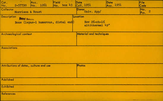 Documentation associated with Hearst Museum object titled Vial of faunal bones, accession number 2-57790, described as Faunal remains; vertebrae.