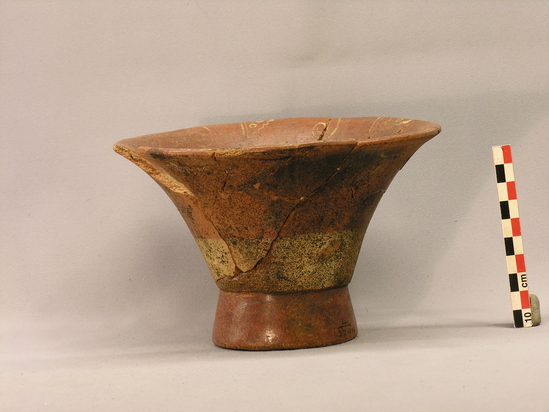 Hearst Museum object 7 of 12 titled Bowl, accession number 4-2794, described as Flaring flat-bottomed bowl, red, base containing rattles