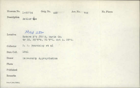 Documentation associated with Hearst Museum object titled Antler tine, accession number 1-60764, described as Antler tine. Notice: Image restricted due to its potentially sensitive nature. Contact Museum to request access.