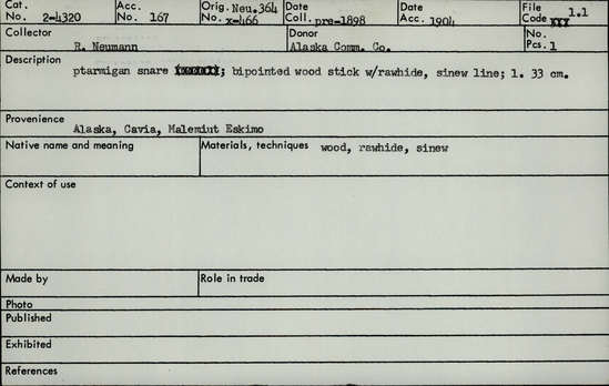 Documentation associated with Hearst Museum object titled Snare, accession number 2-4320, described as Bipointed wood stick with rawhide, sinew line.