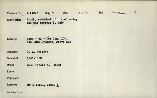 Documentation associated with Hearst Museum object titled Stick, accession number 6-14097, described as Stick, smoothed, finished ends; one end curved; length 48.5 inches.