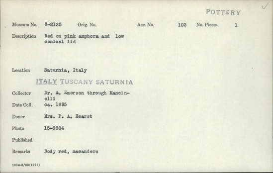 Documentation associated with Hearst Museum object titled Amphora and lid, accession number 8-2125, described as Red on pink amphora and low conical lid