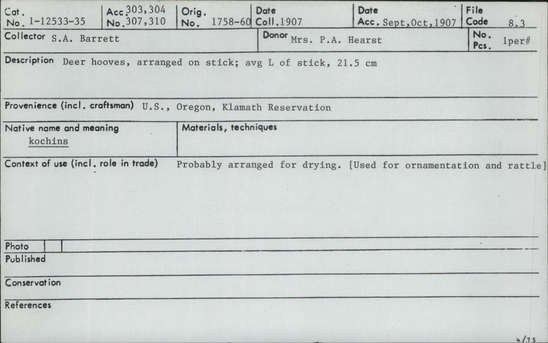 Documentation associated with Hearst Museum object titled Stick with hoofs, accession number 1-12535, described as Stick with deer hoofs.