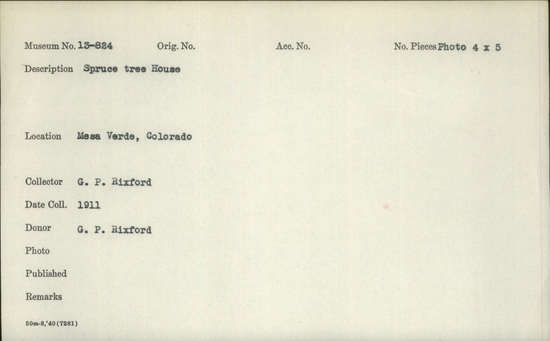 Documentation associated with Hearst Museum object titled Photograph, accession number 13-824, described as Spruce tree House