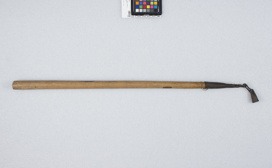 Hearst Museum object titled Weapon, weight on stick, accession number 18-960, described as stick with lead or iron weight; simple carved shaft with iron tip which has weight attached by link