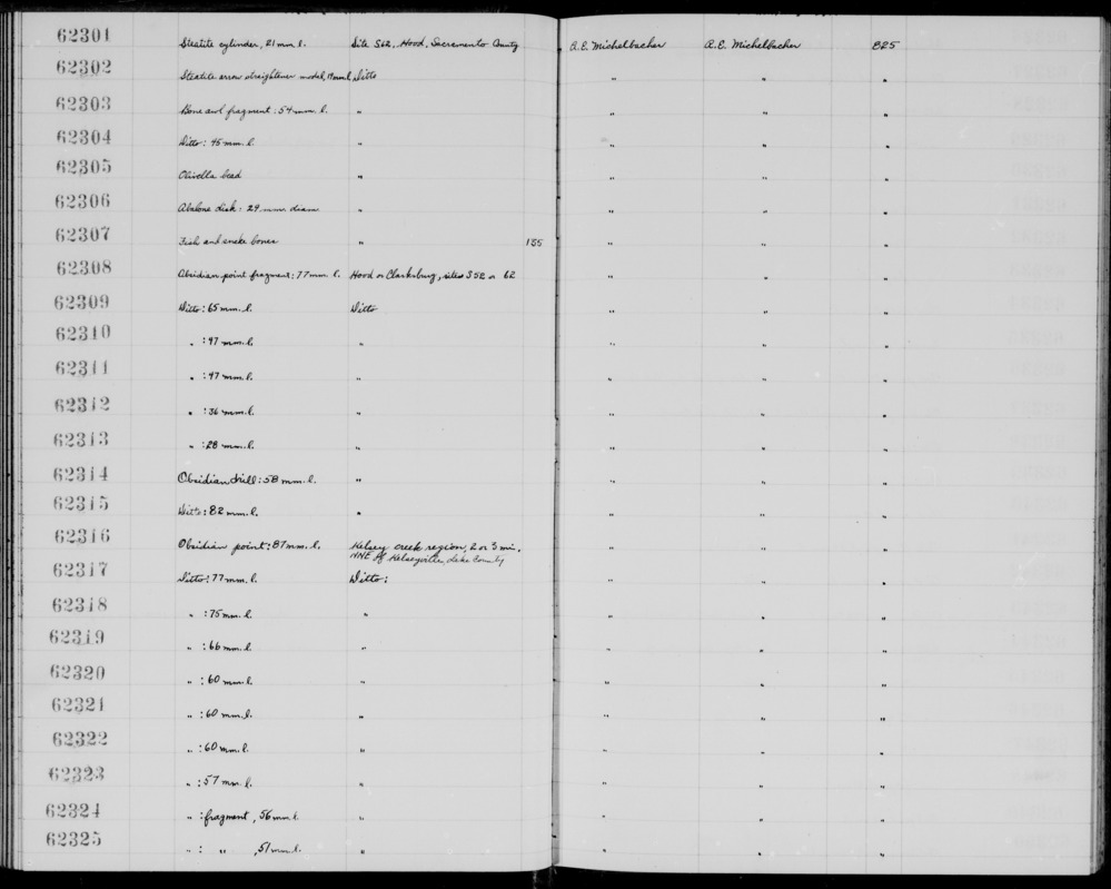 Documentation associated with Hearst Museum object titled Point fragment, accession number 1-62310, described as Obsidian point fragment Notice: Image restricted due to its potentially sensitive nature. Contact Museum to request access.