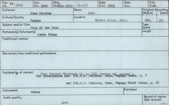 Documentation associated with Hearst Museum object titled Audio recording, accession number 24-2423, described as Song of the Bats Notebook 14, p.152 Series 10, Record 1