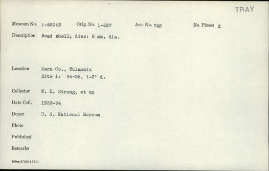 Documentation associated with Hearst Museum object titled Bead, accession number 1-52052, described as Shell, disc.