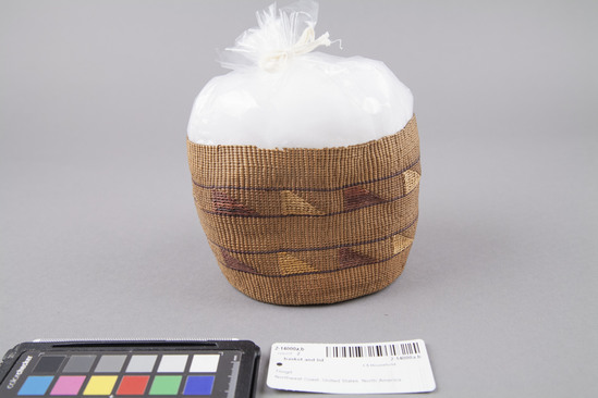 Hearst Museum object 2 of 3 titled Basket and lid, accession number 2-14000a,b, described as (a) Overlay twined basket, cylindrical red and yellow triangles. (b) Openwork lid with handle. (b) Lid with raised section for a handle.