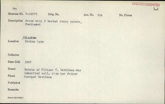 Documentation associated with Hearst Museum object titled Arrow, accession number 2-19375, described as 2 barbed ivory points, feathered.