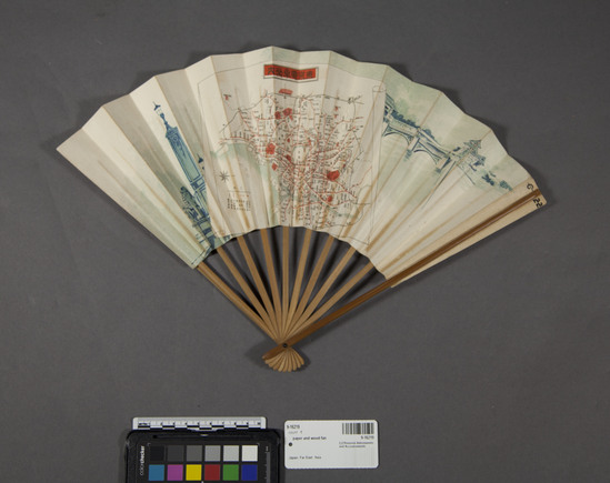 Hearst Museum object titled Fan, accession number 9-16219, described as Paper and bamboo fan; decorated with map of street car lines in Tokyo. On opposite side are autographs in pencil. 27.1 cm x 2.8 cm.