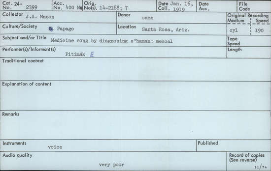 Documentation associated with Hearst Museum object titled Audio recording, accession number 24-2399, described as Medicine song by diagnosing shaman: mescal