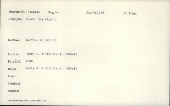 Documentation associated with Hearst Museum object titled Baked clay, accession number 1-165445, described as Baked Clay Object