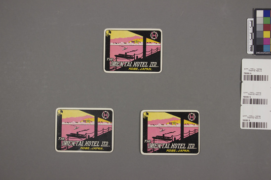 Hearst Museum object titled Baggage labels, accession number 9-18058a-c, described as Baggage label.  Paper, printing.  9-18058a, b, c) The Oriental Hotels, Ltd. Kobe, rectangular with rounded corners, three colors, 9.6 cm wide by 7.3 cm high.