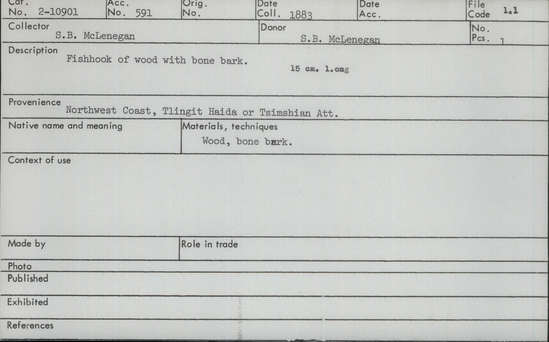 Documentation associated with Hearst Museum object titled Fishhook, accession number 2-10901, described as Made of wood with bone bark.