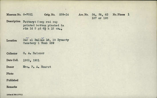 Documentation associated with Hearst Museum object titled Beer cup, accession number 6-7521, described as Cup