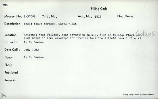 Documentation associated with Hearst Museum object titled Flake, accession number 2-37008, described as Small flake scraper; white flint