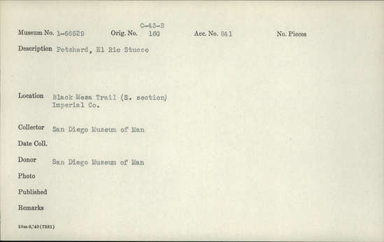 Documentation associated with Hearst Museum object titled Potsherd, accession number 1-66529, described as El Rio Red Stucco.