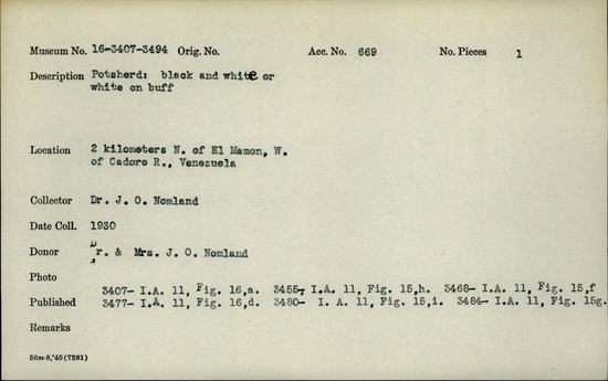 Documentation associated with Hearst Museum object titled Potsherd, accession number 16-3460, described as Potsherd; black and white or white on buff