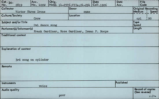 Documentation associated with Hearst Museum object titled Audio recording, accession number 24-2819, described as Owl Dance Song