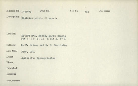 Documentation associated with Hearst Museum object titled Point, accession number 1-54973, described as Obsidian.