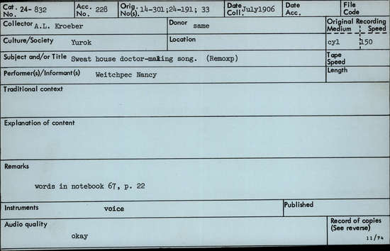 Documentation associated with Hearst Museum object titled Audio recording, accession number 24-832, described as Sweathouse Doctor-making dance song